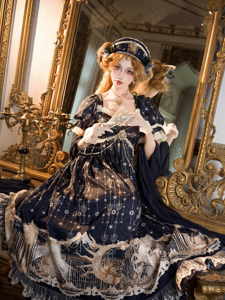 Elegant Unicorn OP Night Starry Blue Dark Set Full Empire Print Waist Lolita