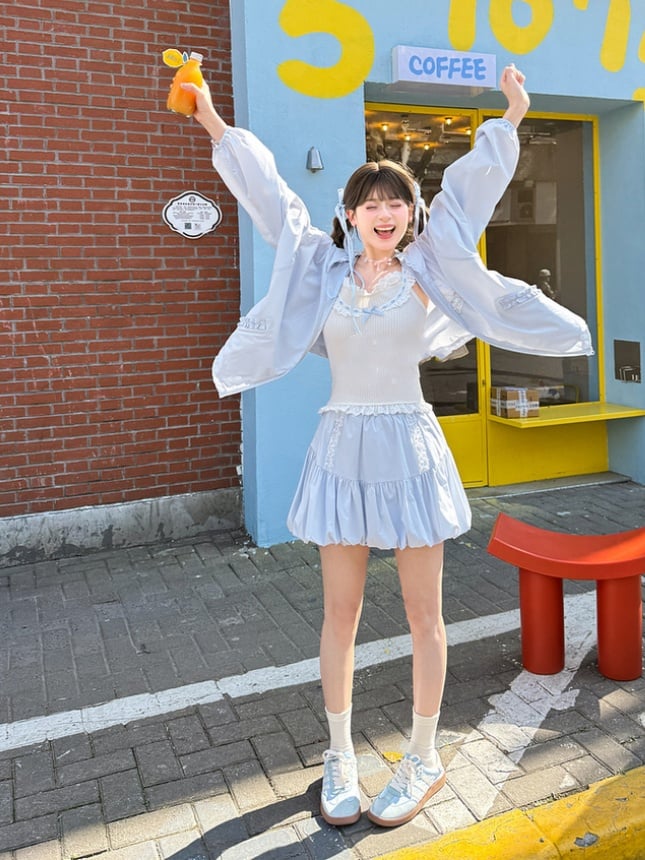 Light Blue Elastic Waist Sweet Bubble Skirt