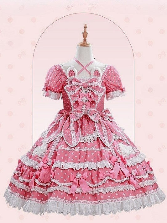 Dress Bunny Sweet Polka Dots Gorgeous Plush Ears Neckline Pink Dark Lolita Pattern Version