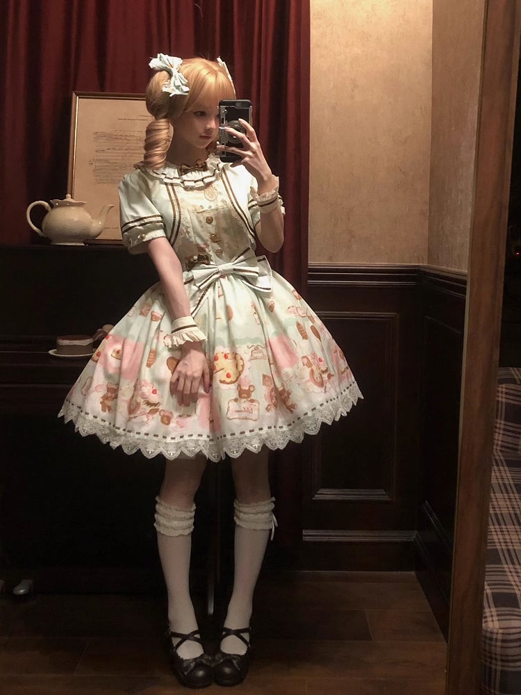 Green Sweet Mint Lolita Theme Desserts Two-pieces Print Dress Fake Design Bear