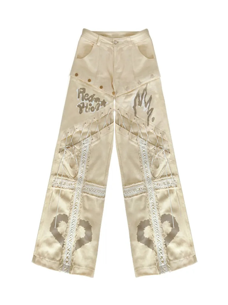 Cut Lace-up Beige Jeans Straight-leg Detachable Detail