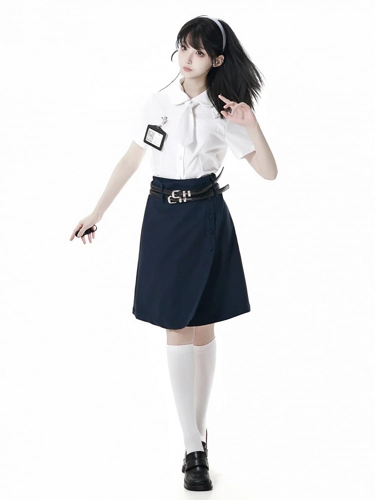 Uniform Navy Blue JK Knee-length Skirt with Double Buckle Belt