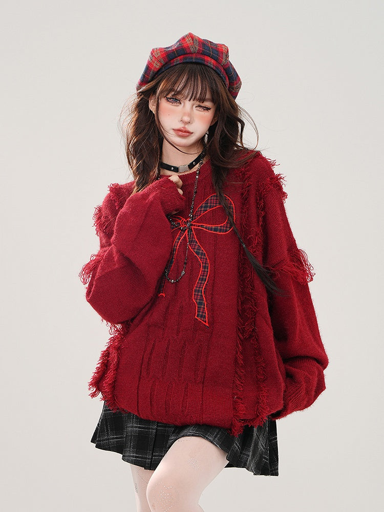 Plaid - Distressed Bittersweet Kawaii Bow Red Sweater Embroidery Hem