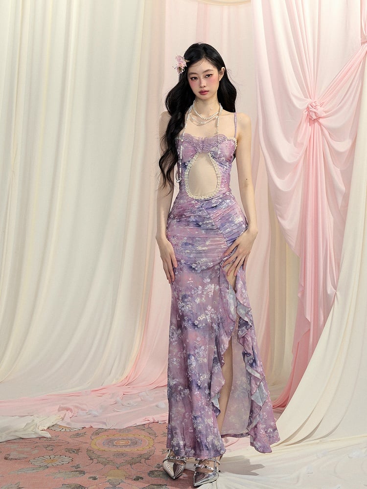 Side Slit Oil Painting Slip Dress Cascading Ruffle Accents Lavender Cutout Detail