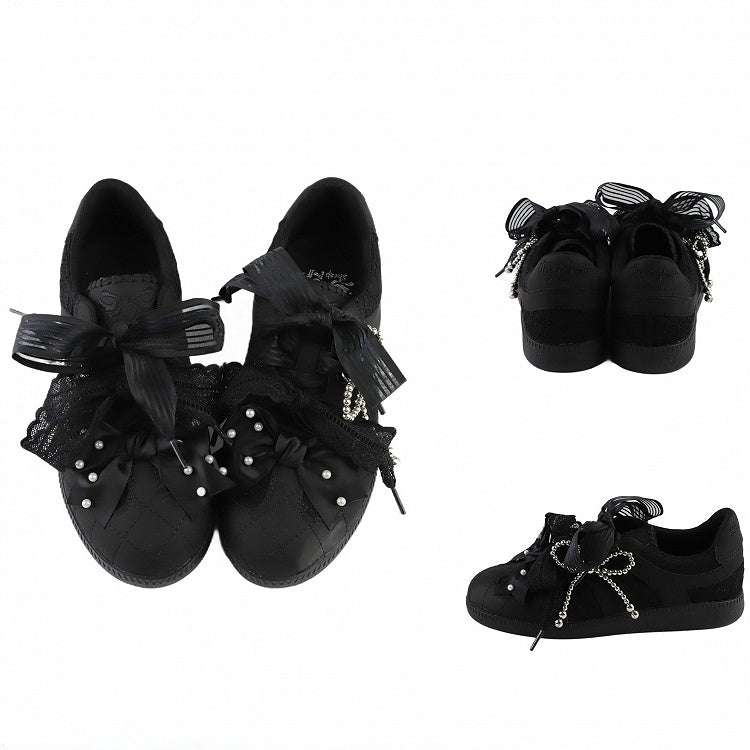Verzierte Vorderseite Perlen Schwarz Schleife Schnürung Spitze Top Krawatten Sneakers bei