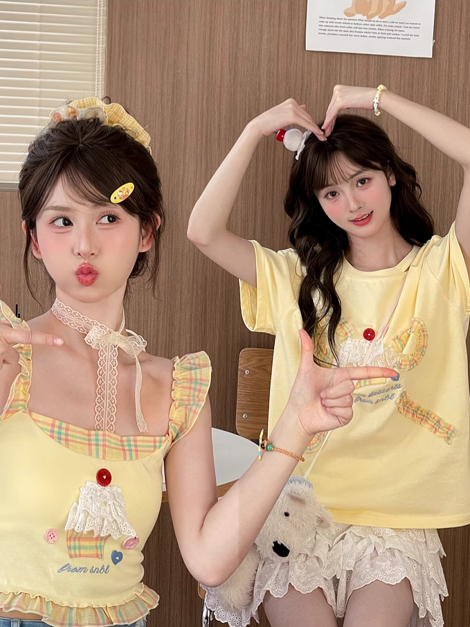 Bowknot Tiered Ruffled Big Cake Yellow Cotton T-shirt Design Lace