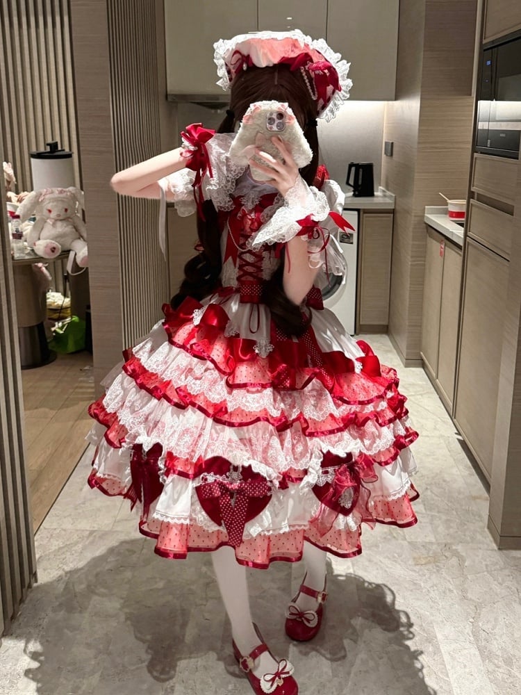 Dress Lolita Heart-shaped Layered Hanayome White and Princess Bows Skirt Jumper Red Decoration