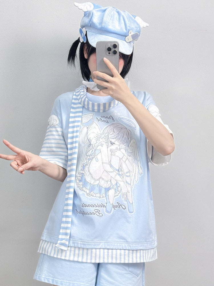 Blue Anime Girl Print Wing Appliques T-Shirt with Striped Scarf