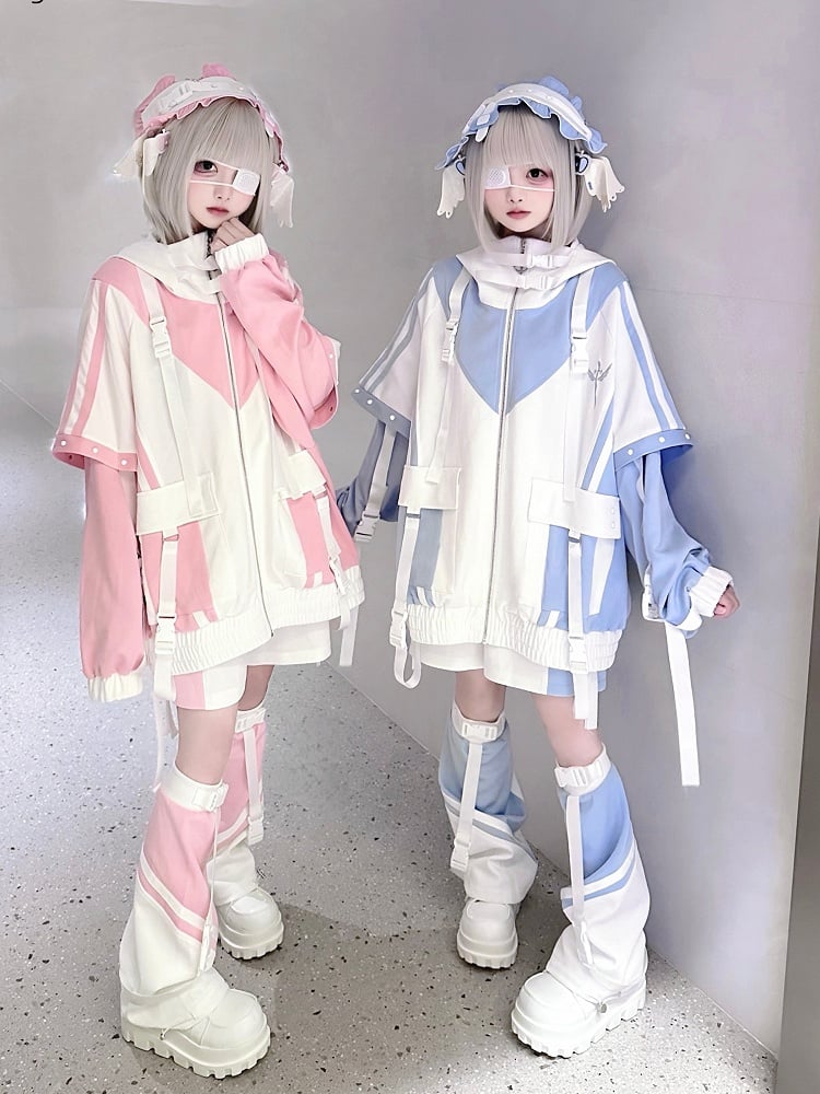 and with Oversized White Closure Techwear Details Colorblock Pink Fit Jacket Snap