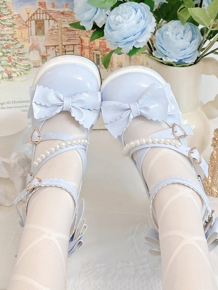 High Style Lolita Details in with Sweet Blue Platform Heels Design Block Bow Crisscross