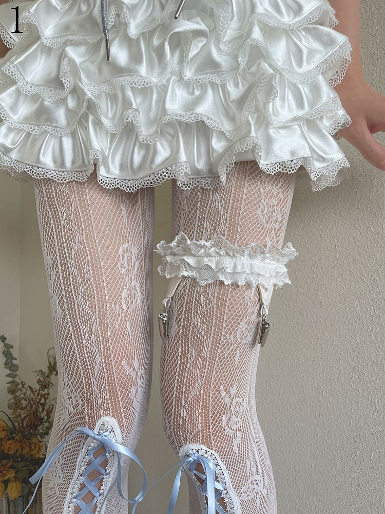 Floral Tights Blue Hollow-out Pattern Lace-up Detail