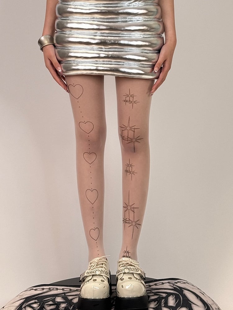Print White And Heart Star Tights