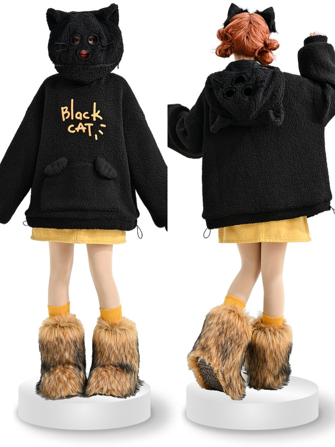 Schwarzer Fleece-Kapuzenpullover mit Katzenkopf