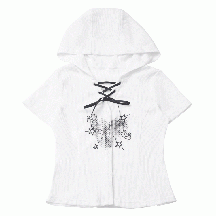 White Frog Lace-up Neckline Front Button Placket T-shirt Cute Print Hooded Waffle
