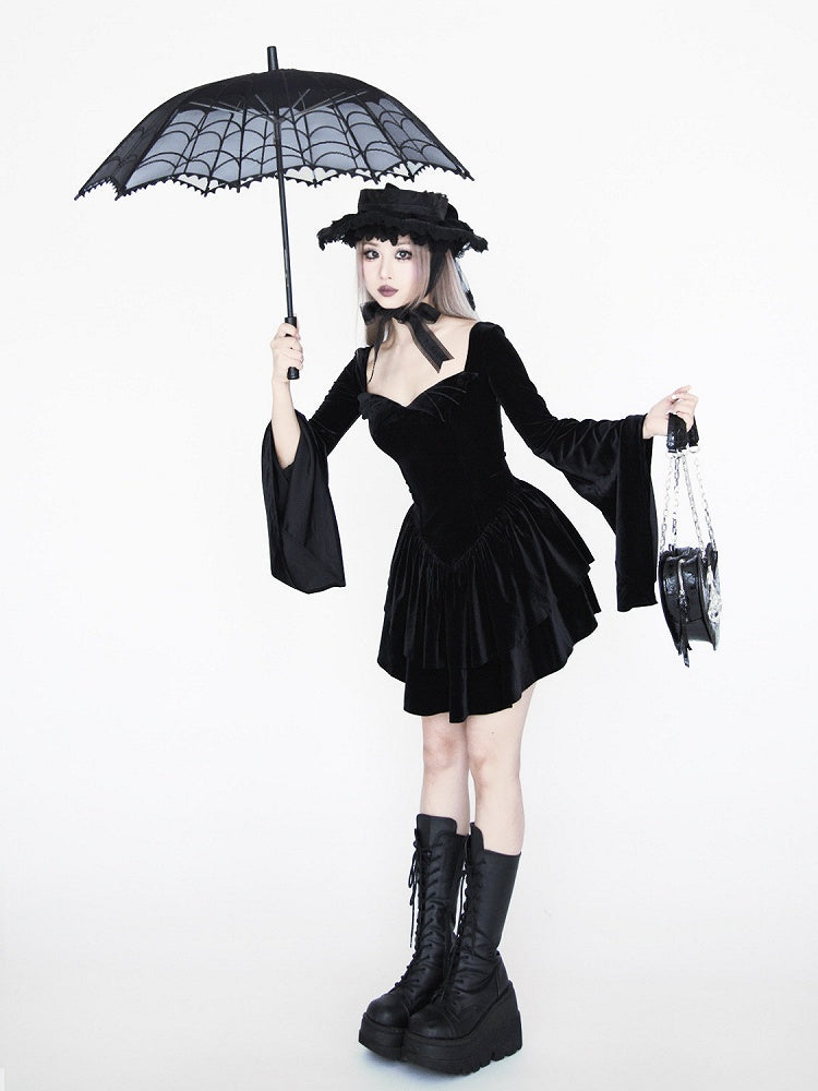 Gothic Black Velvet Bell Sleeves Tiered Skirt Witch Dress