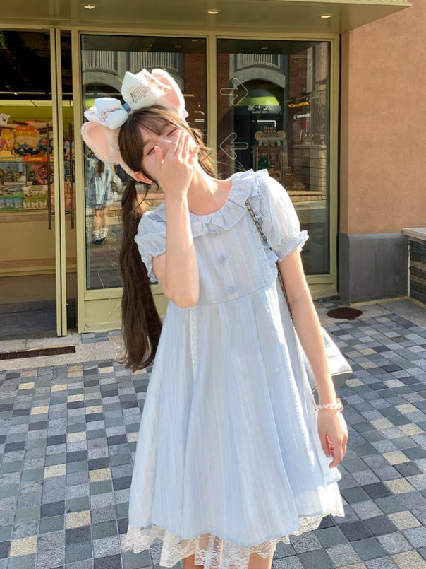 Dress Light Blue Ruffle Collar Puff Sleeves Sweet
