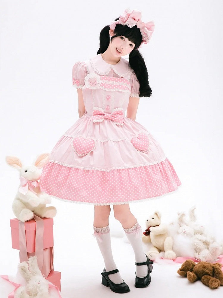 Cotton Old Polka Pink Dots School Dress Lolita White
