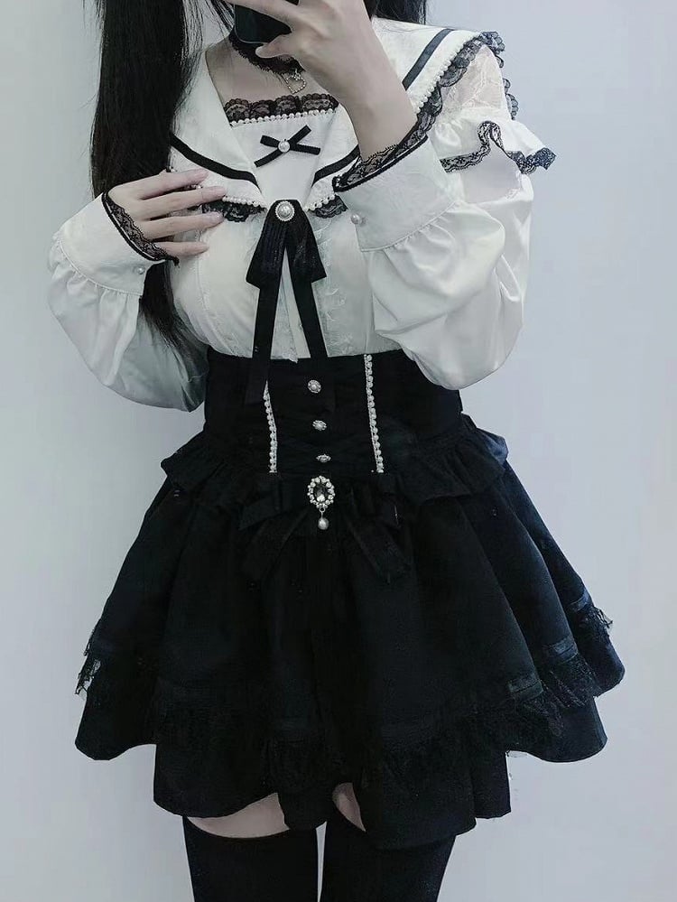 Pendant Trim Blouse Lace with Jirai Kei Black/White Sailor Collar Cutout Choker Shoulder Heart