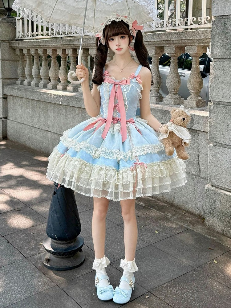 Jumper Bowknots Sweet Dress Decorated Blue Lolita Balletcore Skirt