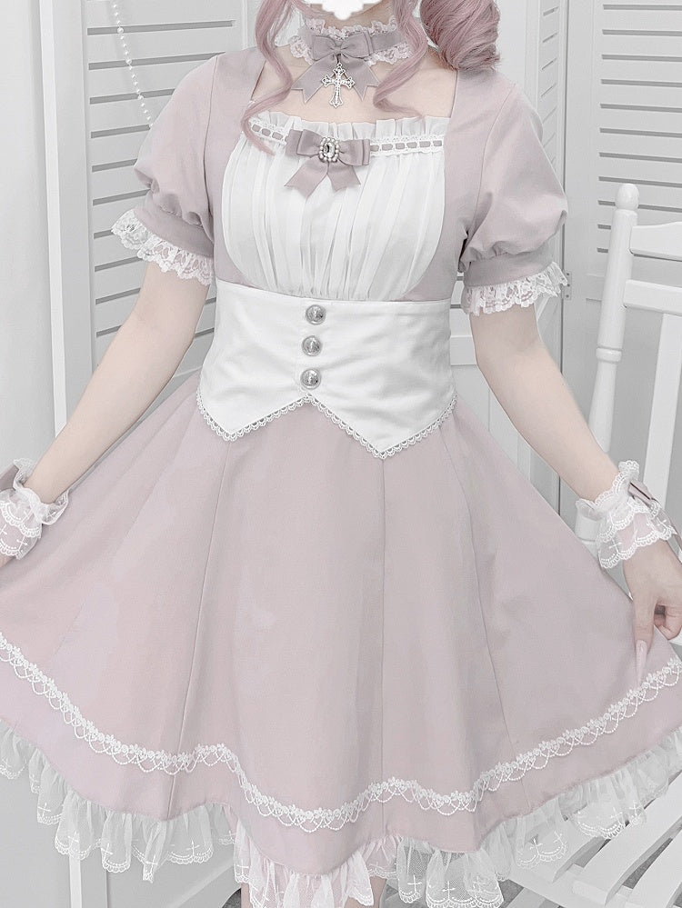 Kleidbesatz aus Spitze, Jirai Kei, weißes Set, volle Taille, Korsettgürtel-Design mit Rosa