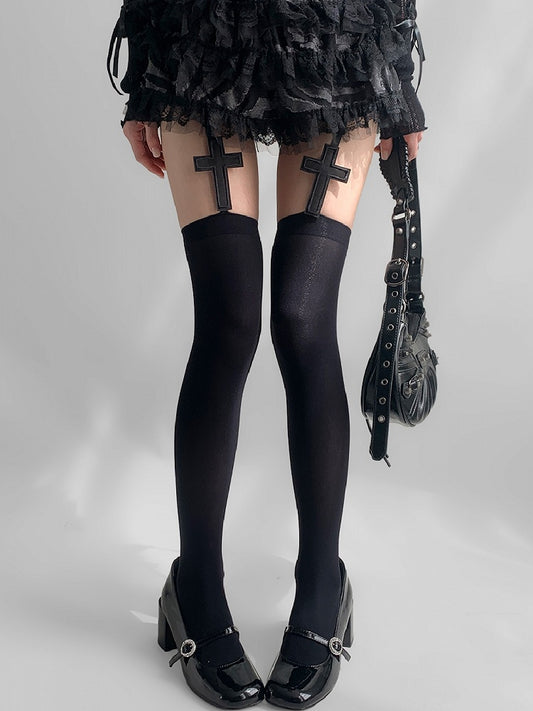 Suspender Applique Cross Stockings Black