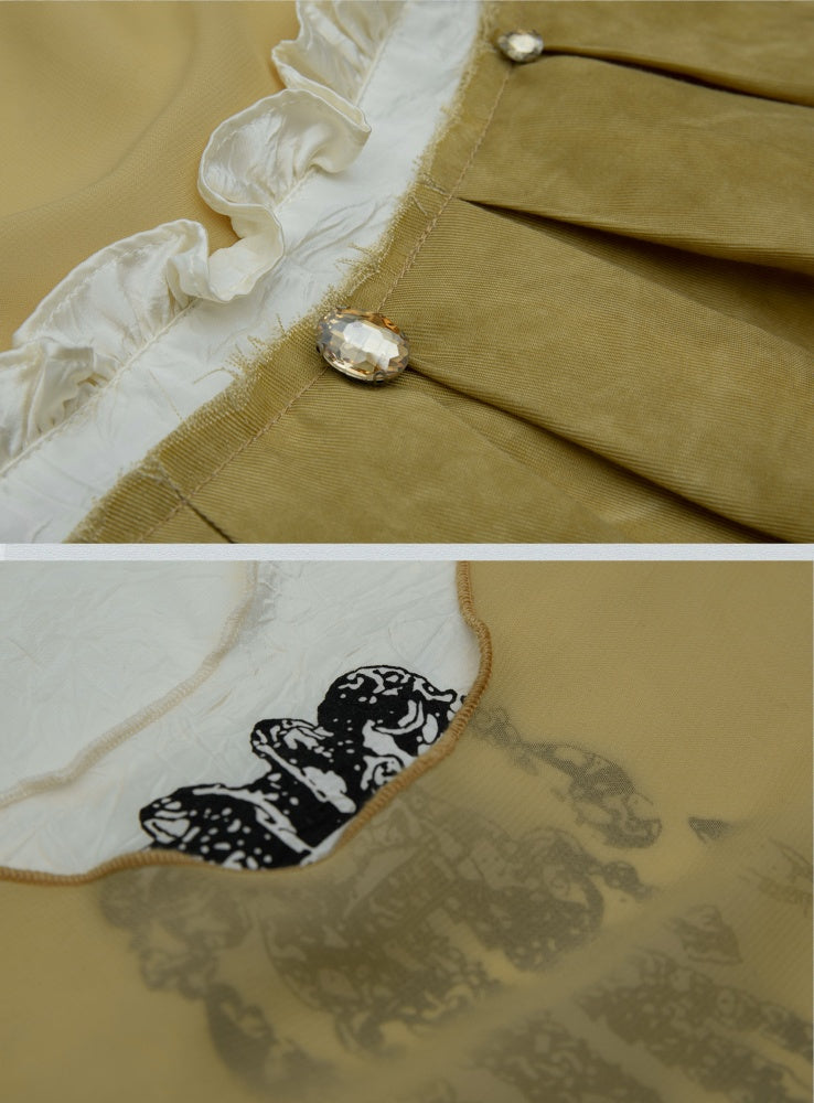 ラインストーンイエローボックスプリーツスカートフェイクドレスセット