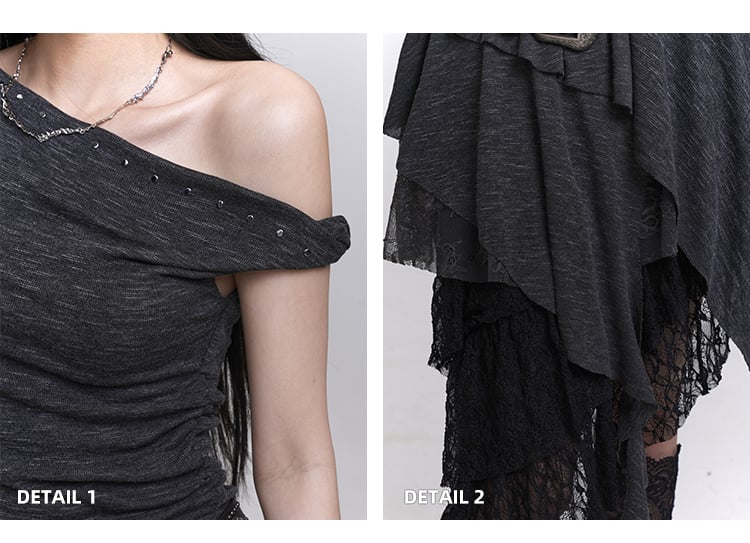 Buckle Studded Asymmetrical Neckline Cascading Ruffles Belt with Dress