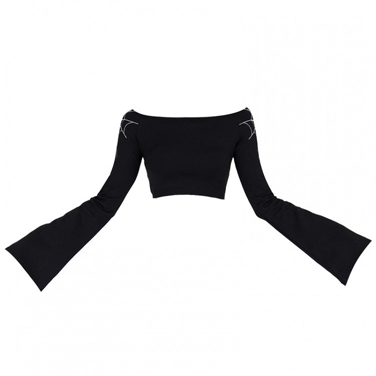 Gothic Black Spiderweb Bell Sleeves Cropped Top