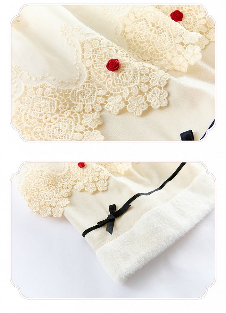 and Neckline Beige Long Sleeves Cuffs Lolita Floral Plush Dress Bodice Embroidery
