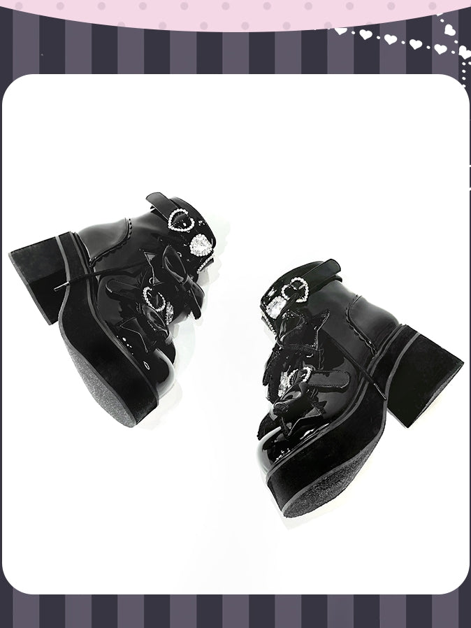 Plateau Stiefeletten Schnallen Jirai Kei Poliert und Schwarz Strass Sweetheart mit