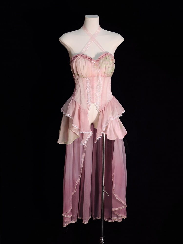 Tiered Flounce Hem Halter Boned Corset Top Pink Print Light Fairy Oil Painting