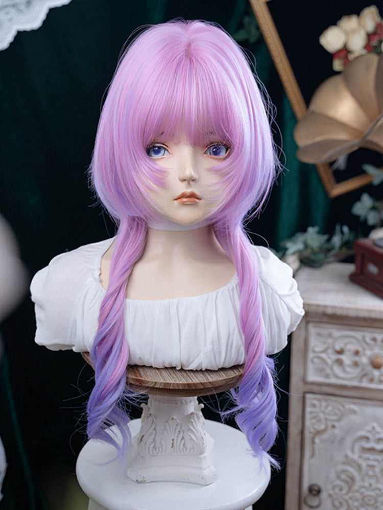 Wig Hime Color Ombre Hair With Bangs Wavy Cut Length 72CM Pink-Purple Air