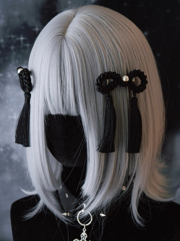 Black Gothic Design Tassels Hairclips Decorated Beaded Bowknot