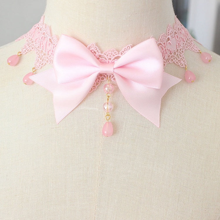 Beaded Pendant Bowknot Details Lace Choker