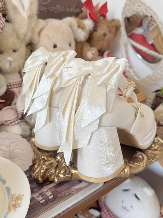 Middle Heels of the Mary Detachable White Lily Embroidery Satin Valley Bowknot Janes