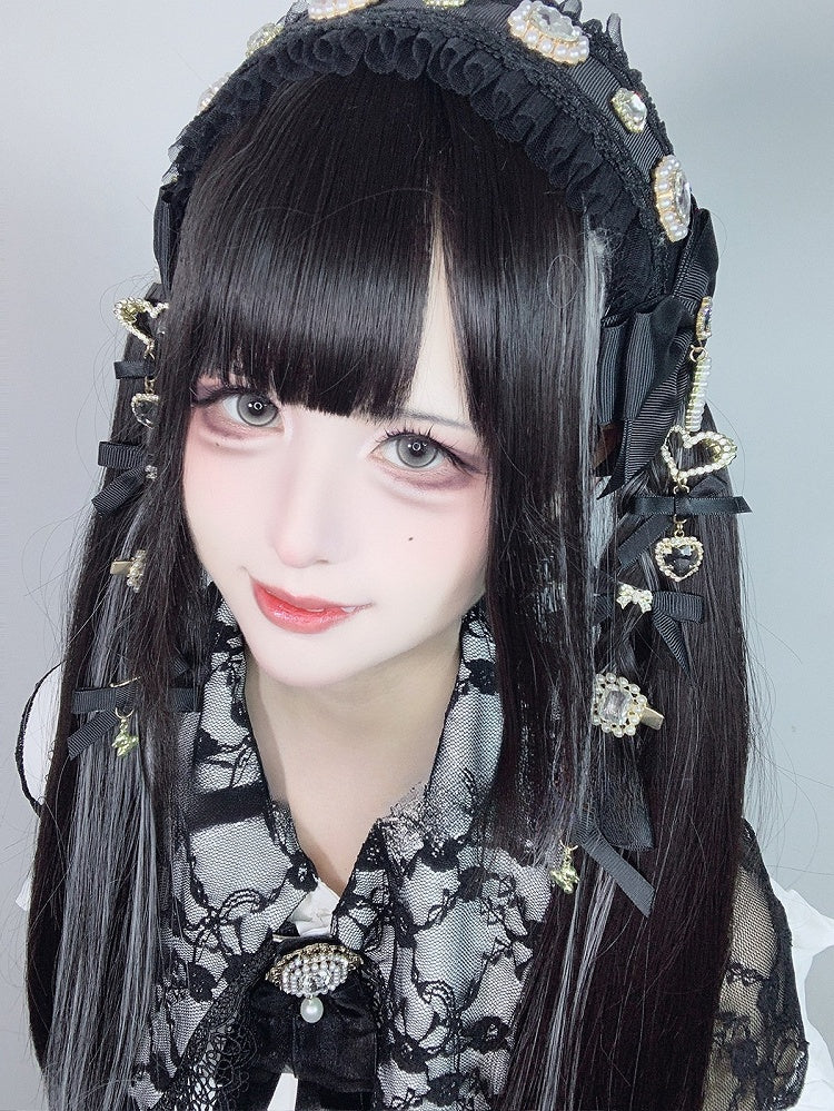 Highlight Bangs With Length And Silver Wig Black 70CM Straight