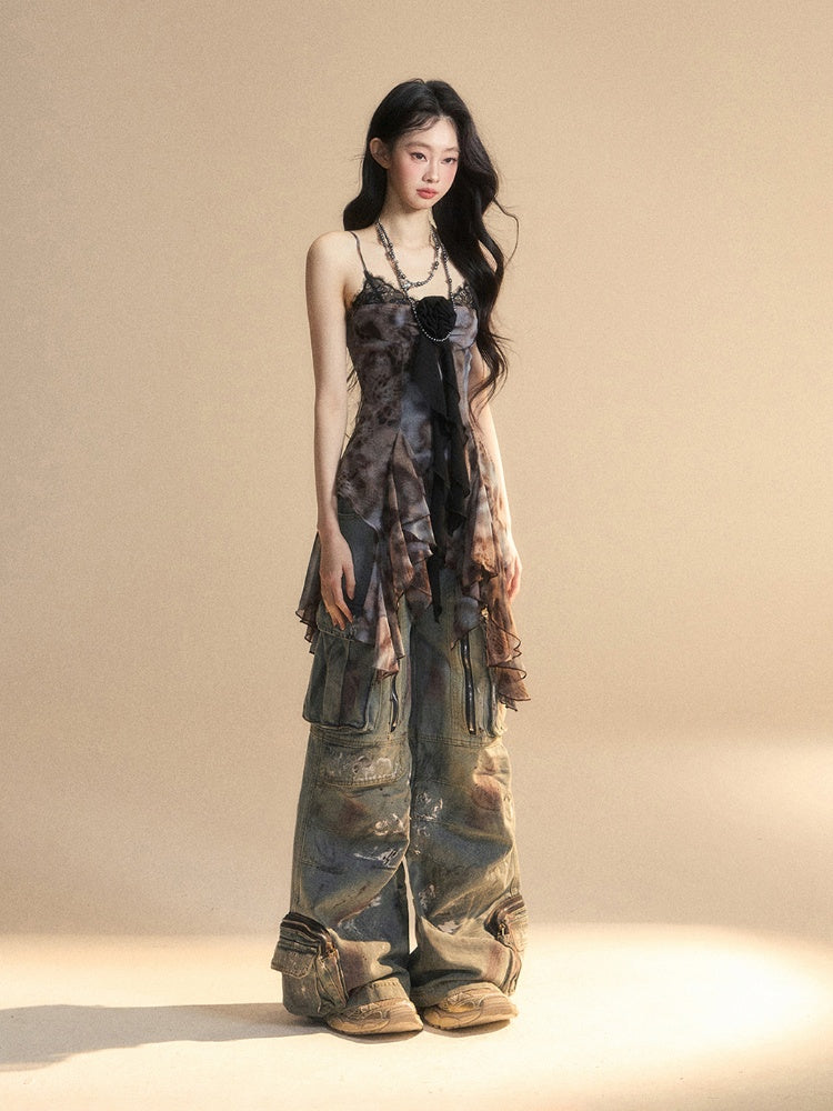 Black Asymmetrical Flounce Hem Floral Embellished Glamorous Cami Top