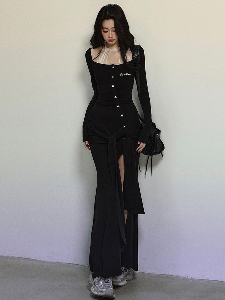 Schwarzes Strickkleid aus Spitze mit Neckholder und selbstbindenden Trägern bis zum Oberschenkel