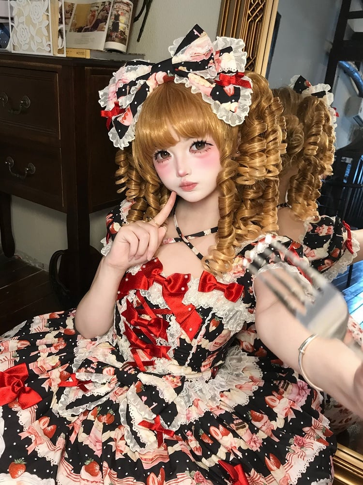 / Accents Cake Sweet Set Print Strawberry Bow Lolita Full Black Dress