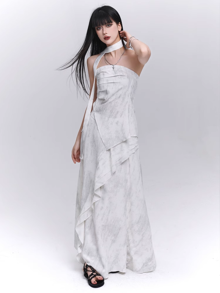Off-white Side Strapless Top / Elastic Waist Scarf Slit with