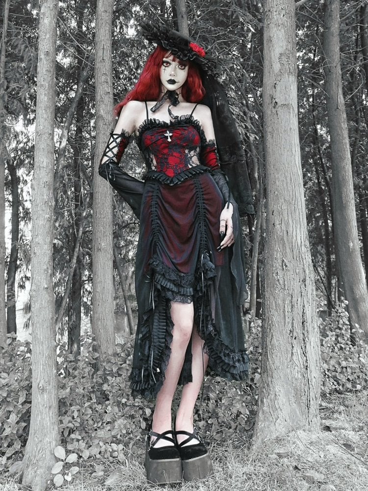 Schwarzes und weinrotes Vampir-Gothic-Kleid, Spitzenkleid mit Kordelzug und Handschellen-Set