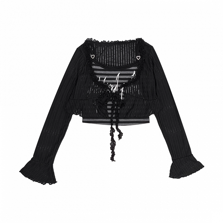 Self-tie Y2K Striped Cami Top with Black Cropped Coverup Set
