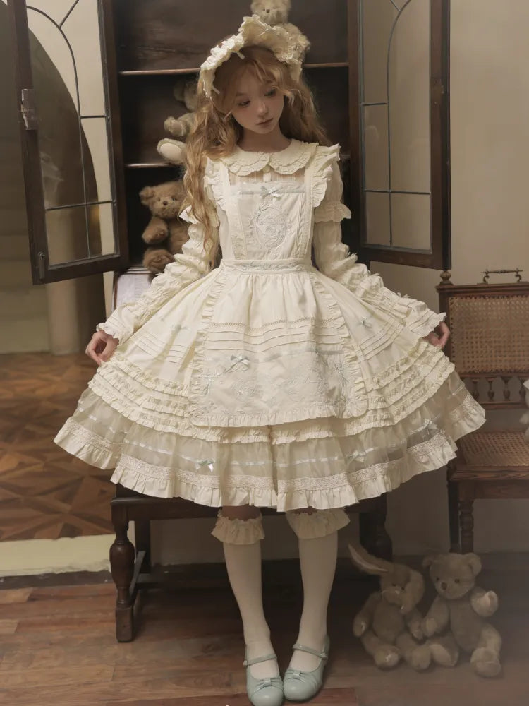 Dress Bow Collar Lolita Green Beige Cotton and Mint Pan Accents Peter
