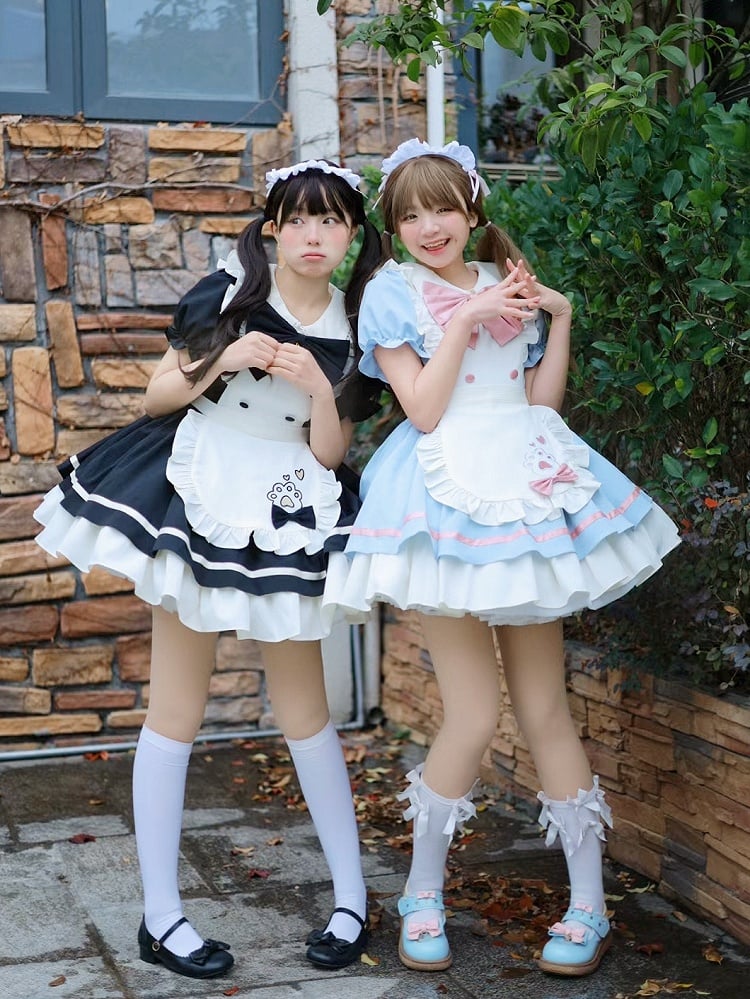 Pink and Blue Paw Apron Dress Lolita Sweet Maid Kitty Embroidery