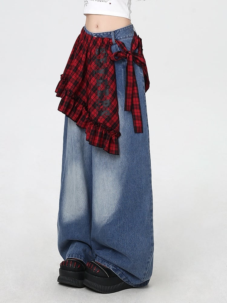 Rise Faded Wash Blue Low Wide-leg Jeans with Red Plaid Waist Accessory