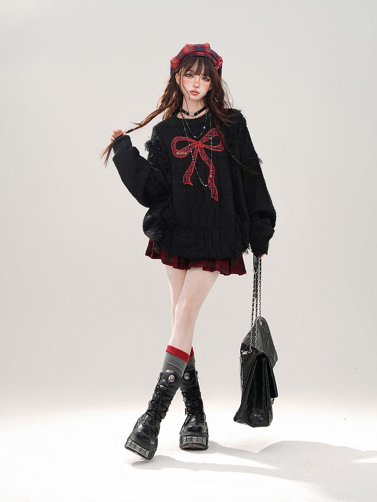 Bittersweet Kawaii Black Distressed Sweater with Red Plaid Bow Embroidery