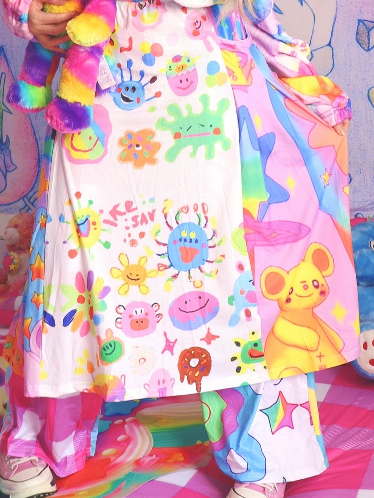 Bunter A-Linien-Rock mit Cartoon-Print und elastischer Taille im Y2K-Stil