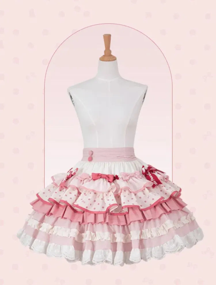 Lolita Sweet Pink Polka-dots Bow Skirt Ruffle Accents Tiered Pattern