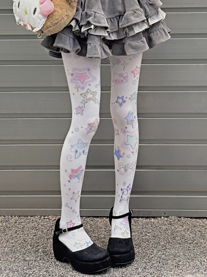 White Sweet Star Print Tights