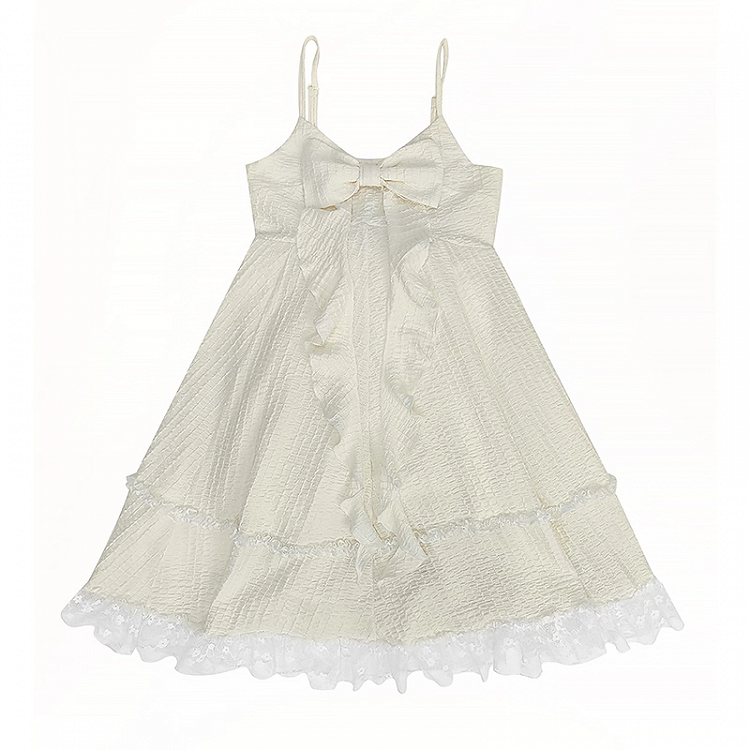 Big Bow Neckline Lace Skirt Apricot Cami Dress Trim Bubble